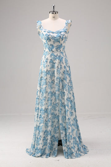 Hvid Blå Blomst En linje Firkantet hals Lang brudepigekjole med slids